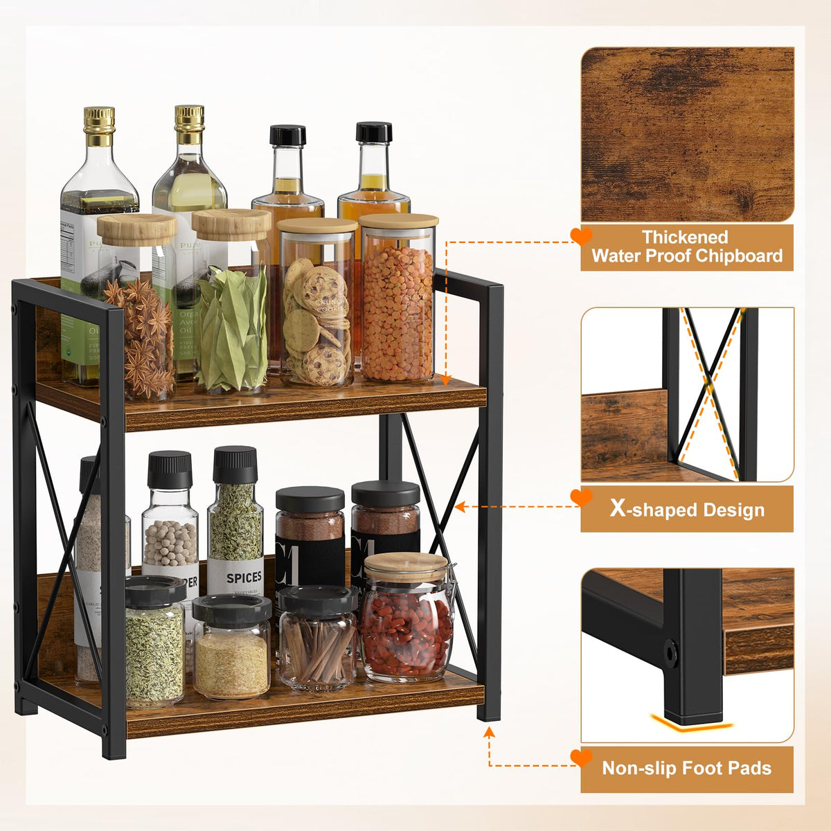 Giikin brown wood countertop shelf showcases neatly organized spices.
