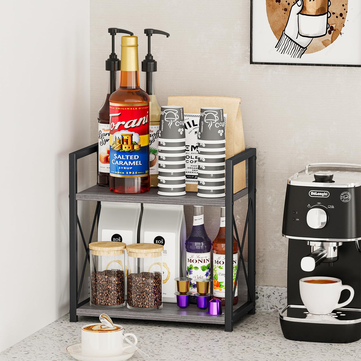 Giikin countertop shelf organizes mugs and K-cups for a tidy coffee station.