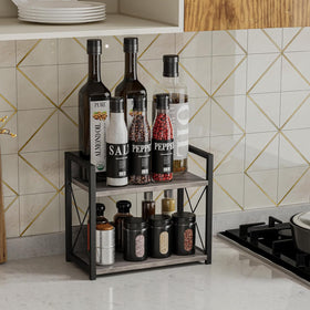 Giikin countertop shelf organizer, side angle, wood-grain surface adds rustic elegance for kitchens.