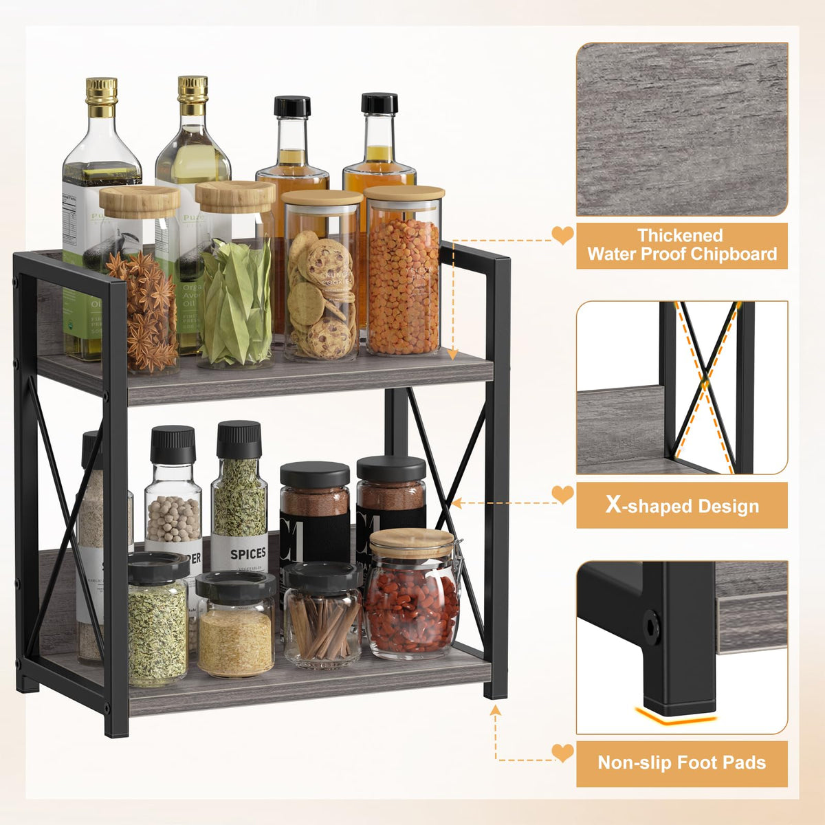 Giikin grey countertop spice rack provides accessible storage for coffee and tea supplies.
