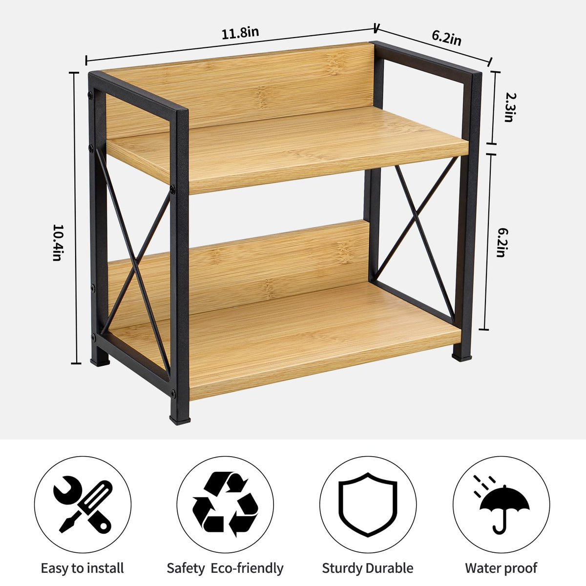 Rustic bamboo shelves complement modern countertops with vintage elegance.