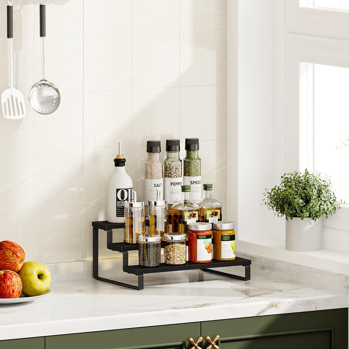 Giikin spice rack tiered display enables easy access during cooking.