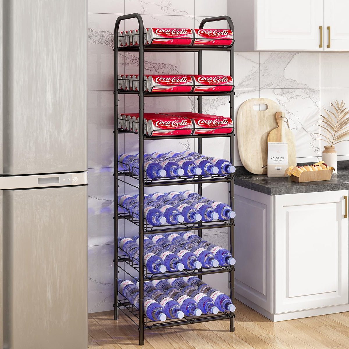 GILLAS 7-tier bottle rack demonstrates organized pantry storage for easy access.