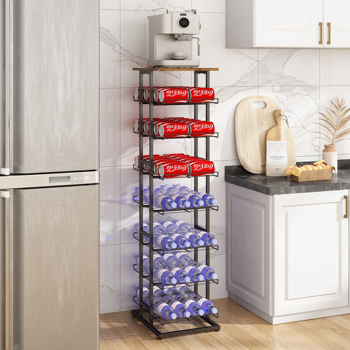 GILLAS 8-tier water bottle storage with wooden top keeps pantry organized.
