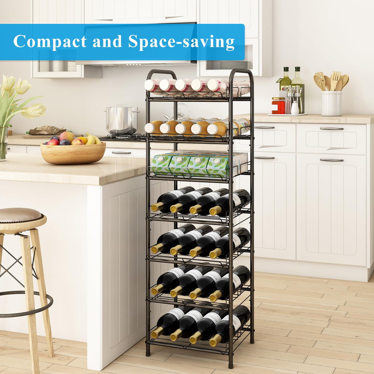 GILLAS black metal water rack blends with kitchen decor and organizes bottles.