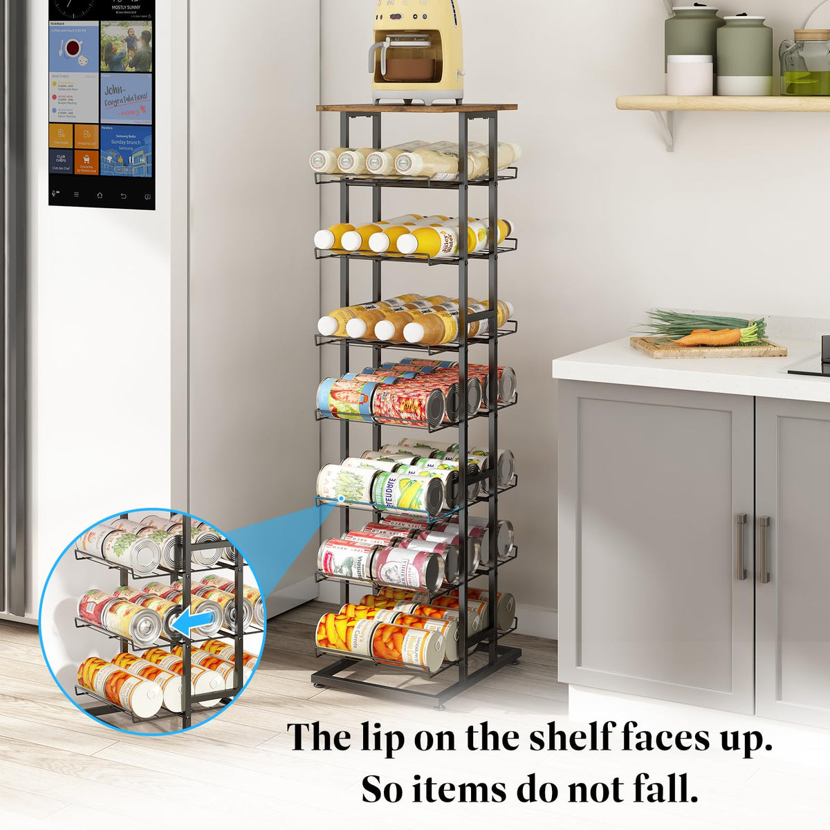 GILLAS metal can rack frame supports upright bottles for easy access.