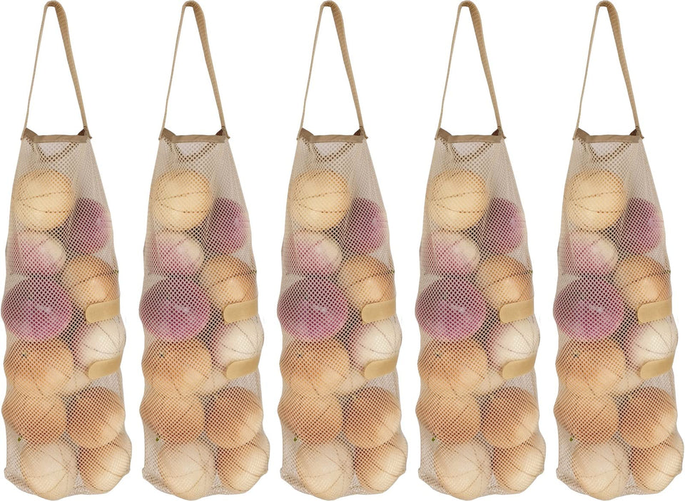 GINFH hanging mesh storage 5-pack shown as a versatile pantry organizer for fruits, vegetables, and RV use.