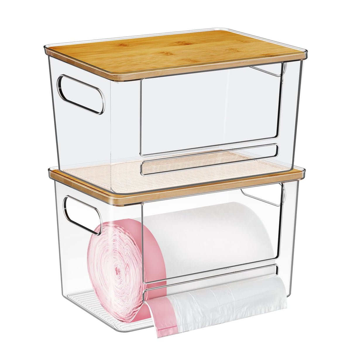 Ginnerella acrylic dispenser front view for easy bag access.