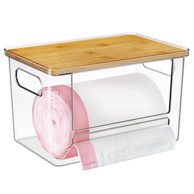 Ginnerella trash bag holder with bamboo top keeps bags organized and easy to grab