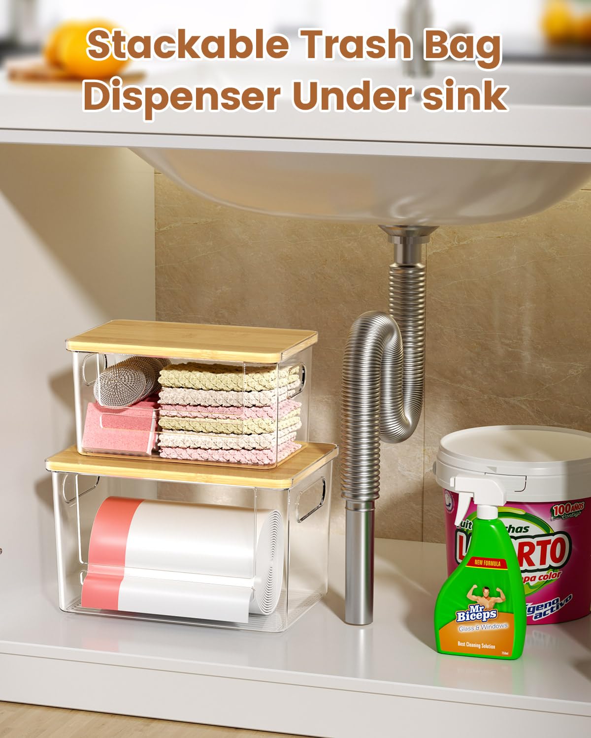 Under-sink trash bag organizer keeps bags neatly stored.