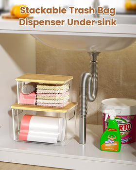 Under-sink trash bag organizer keeps bags neatly stored.