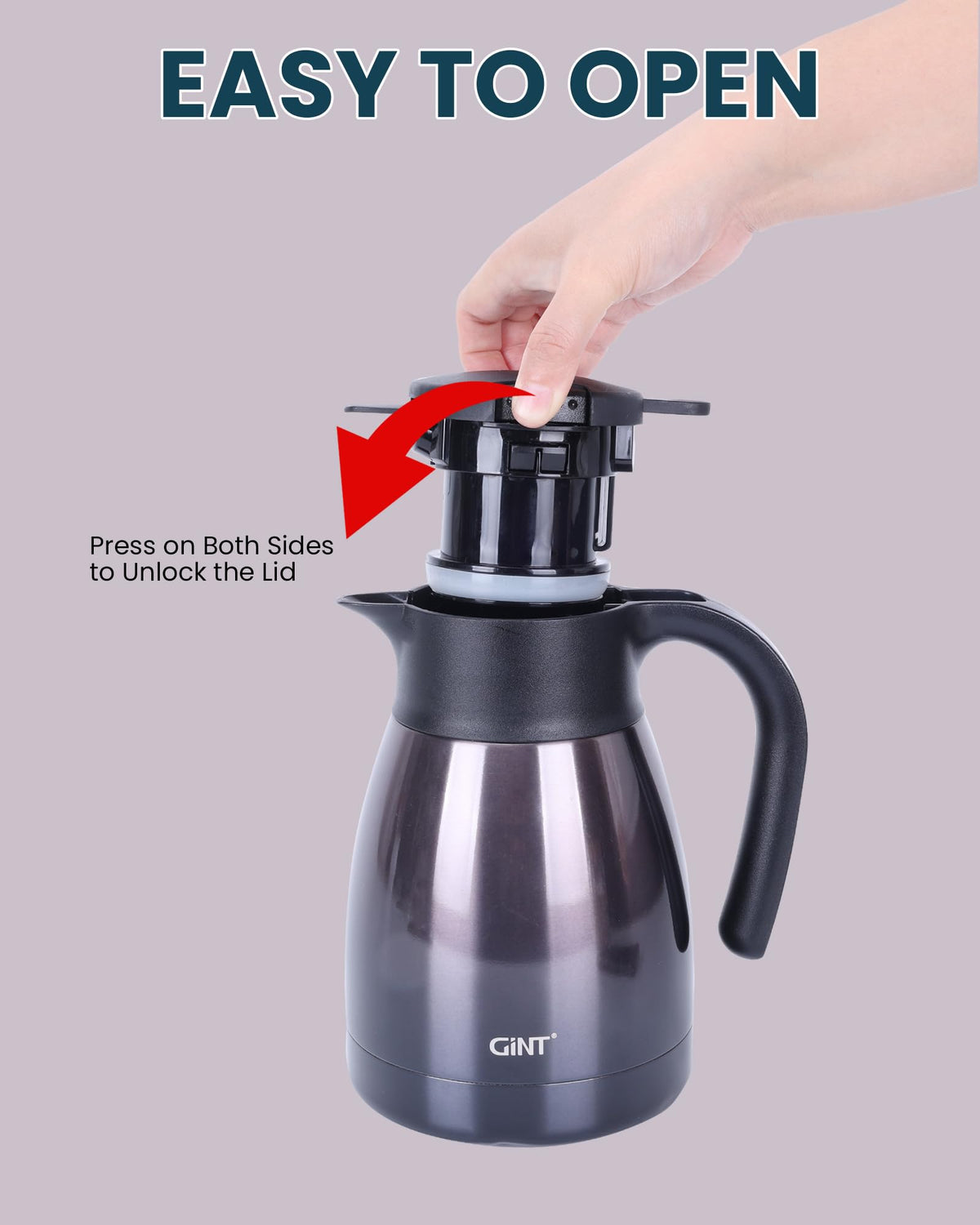 Interior stainless steel lining of GiNT carafe preserves flavor and durability.