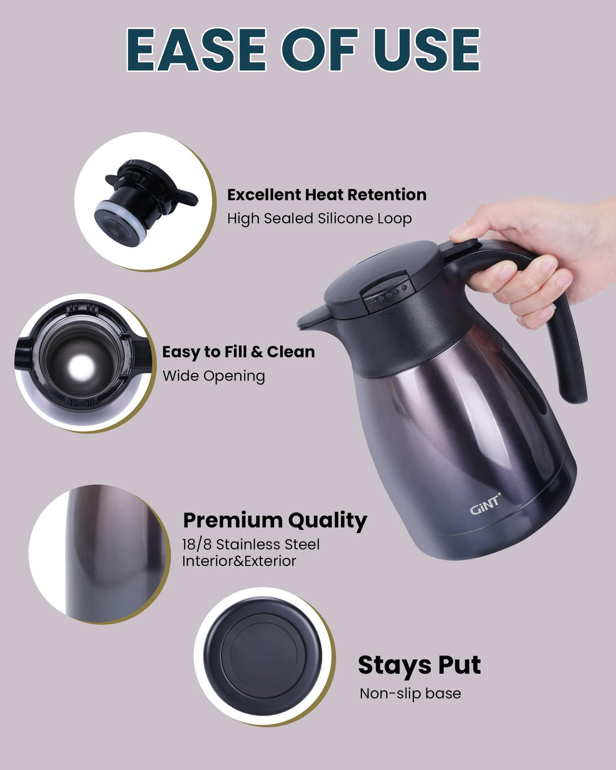 Leak-proof lid of GiNT carafe with airtight structure prevents spills.