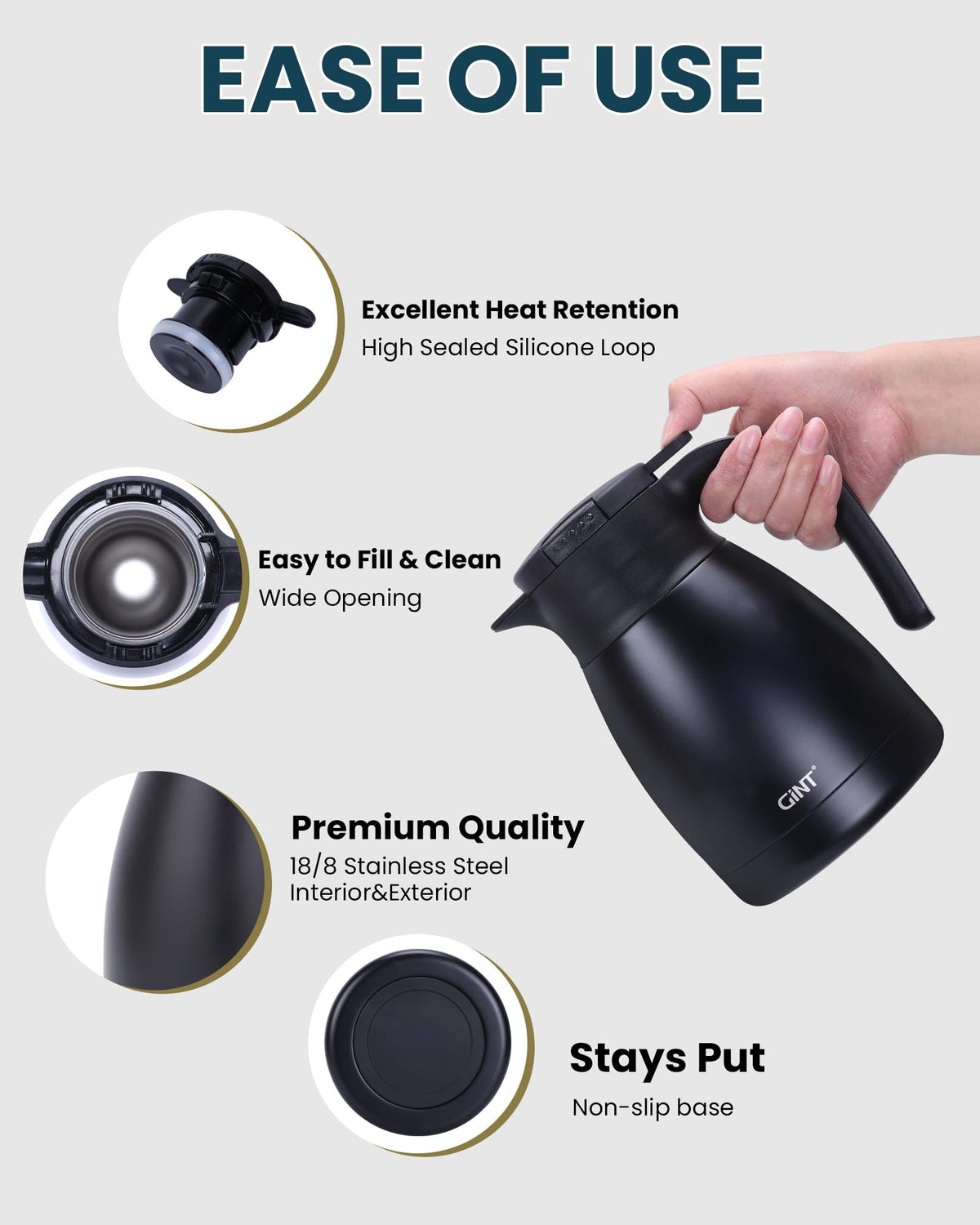 GINT 1L carafe leak-proof lid prevents spills during pouring