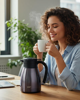 Push-button pour on GiNT carafe offers effortless single-handed serving.