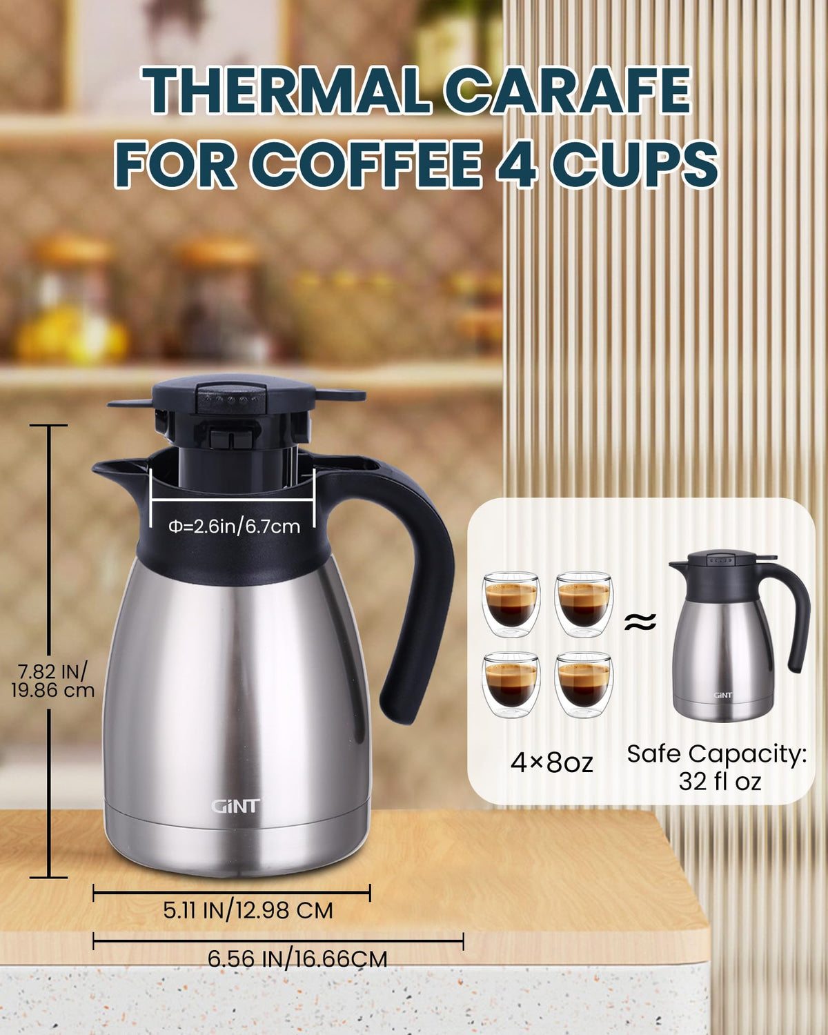 GiNT 34Oz insulated stainless steel carafe keeps beverages at temperature longer.