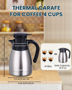GiNT 34Oz insulated stainless steel carafe keeps beverages at temperature longer.