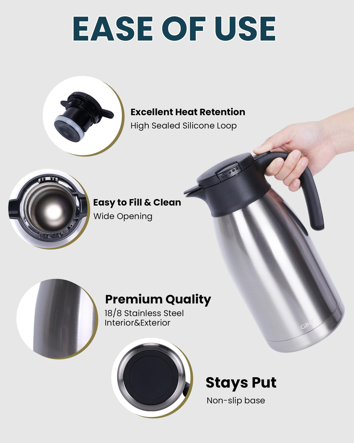 GiNT lid pinch-release view highlights effortless pouring and minimal spills.