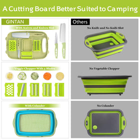 Gintan cutting board with colander for veggie rinsing outdoors.