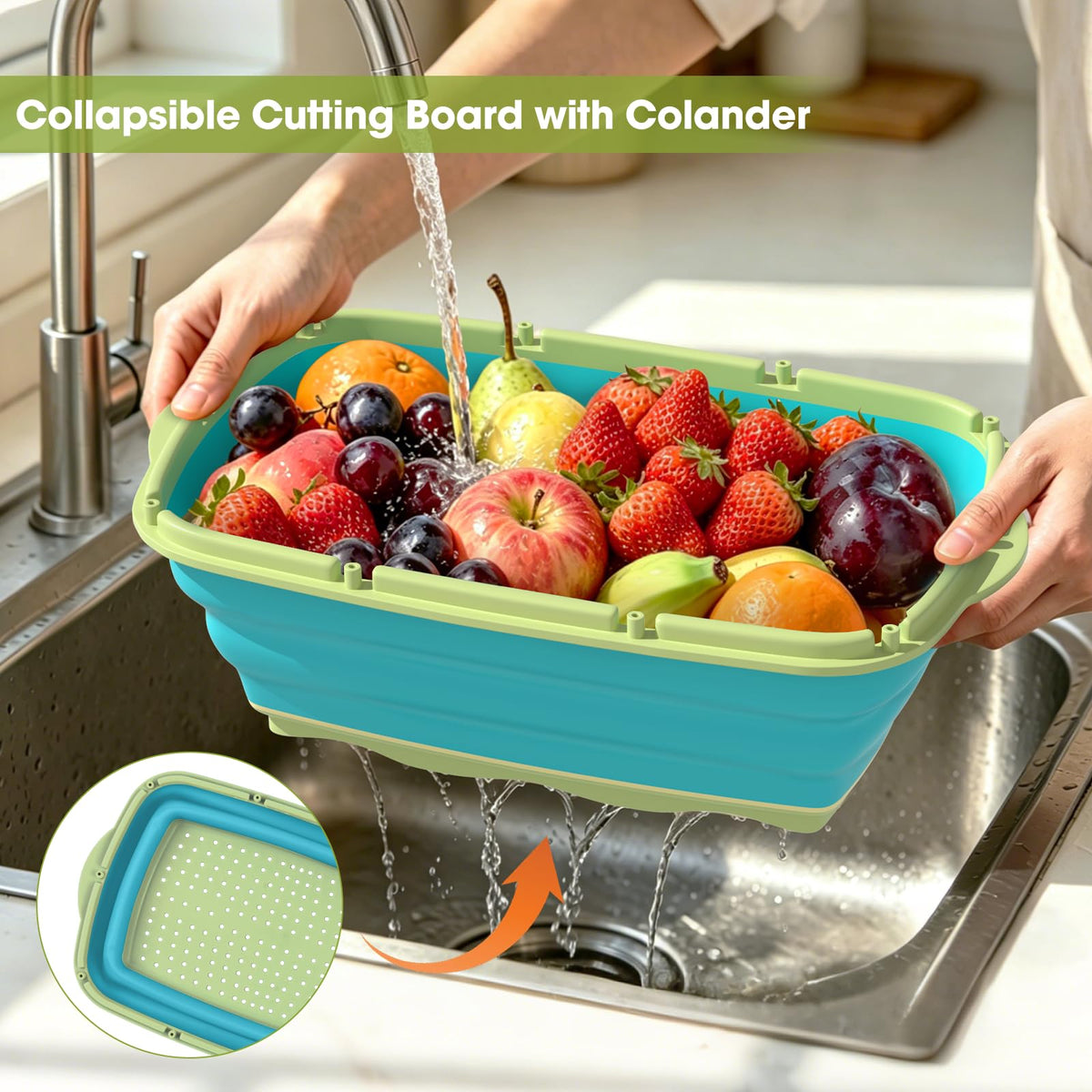 Gintan blue-green cutting board folded flat for cabinet storage.