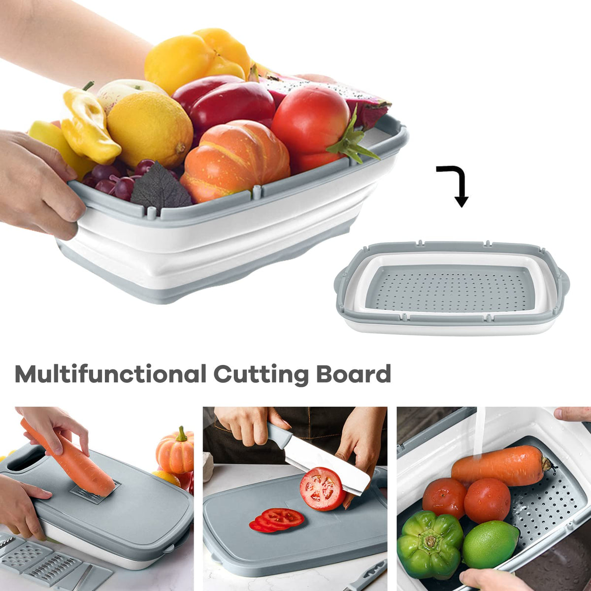 Gintan portable cutting board doubles as wash basket for on-the-go use.