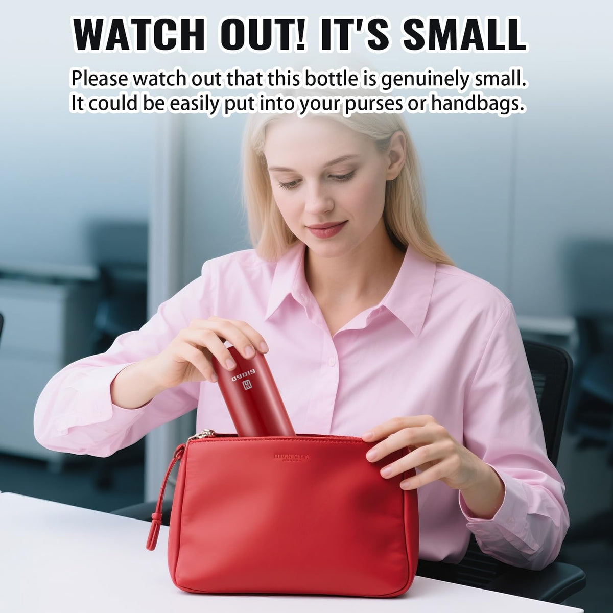 GIOGD slim mini bottle red side view fits purses and lunch bags
