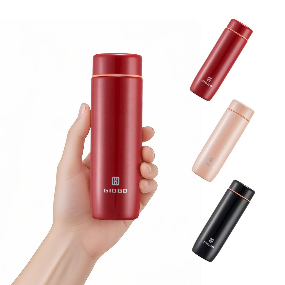 GIOGD small thermo bottle red front view showcasing compact design and portability