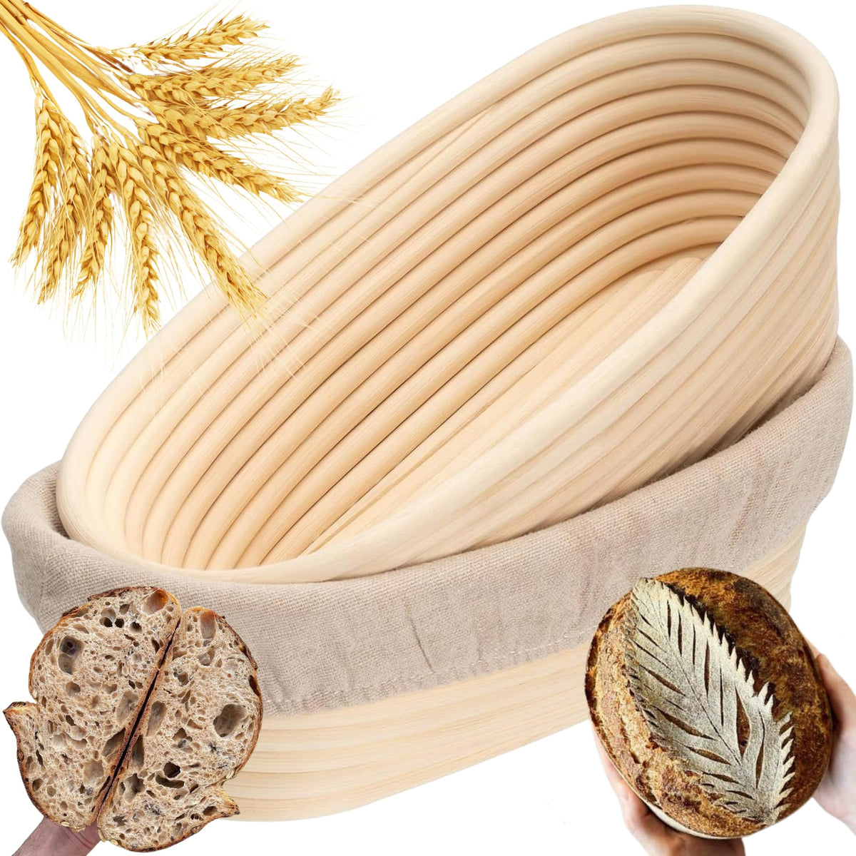GIONG banneton oval 10in front view for shaping oval loaves with crust pattern