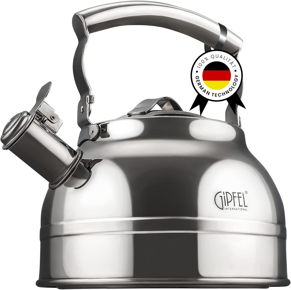 GIPFEL International whistling tea kettle on stovetop with ergonomic handle for easy pouring.