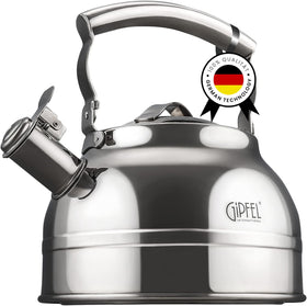 GIPFEL International whistling tea kettle on stovetop with ergonomic handle for easy pouring.