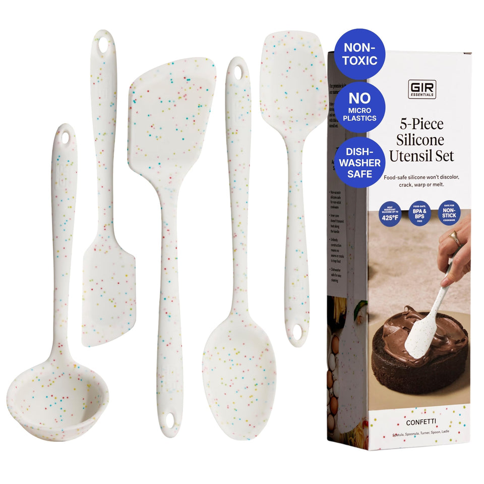 GIR 5-piece silicone utensils set shown together, offering a non-toxic, easy-clean kitchen collection.