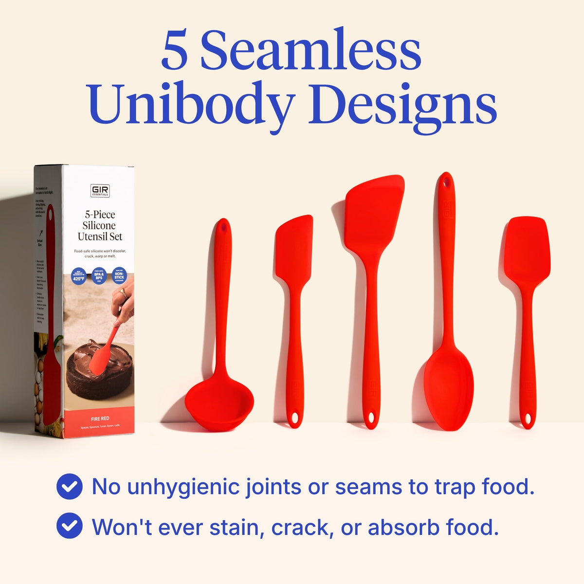 GIR fire-red spoonula, seamless one-piece design reduces residue buildup.