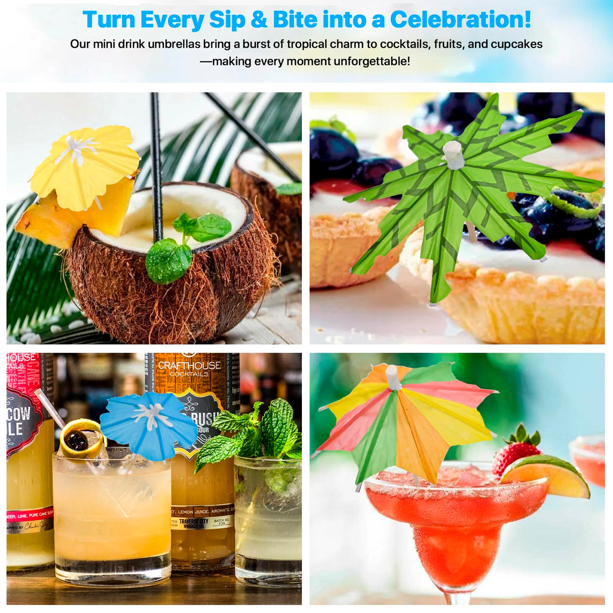Girla cocktail umbrella set closeup shows vibrant designs for drinks and desserts.