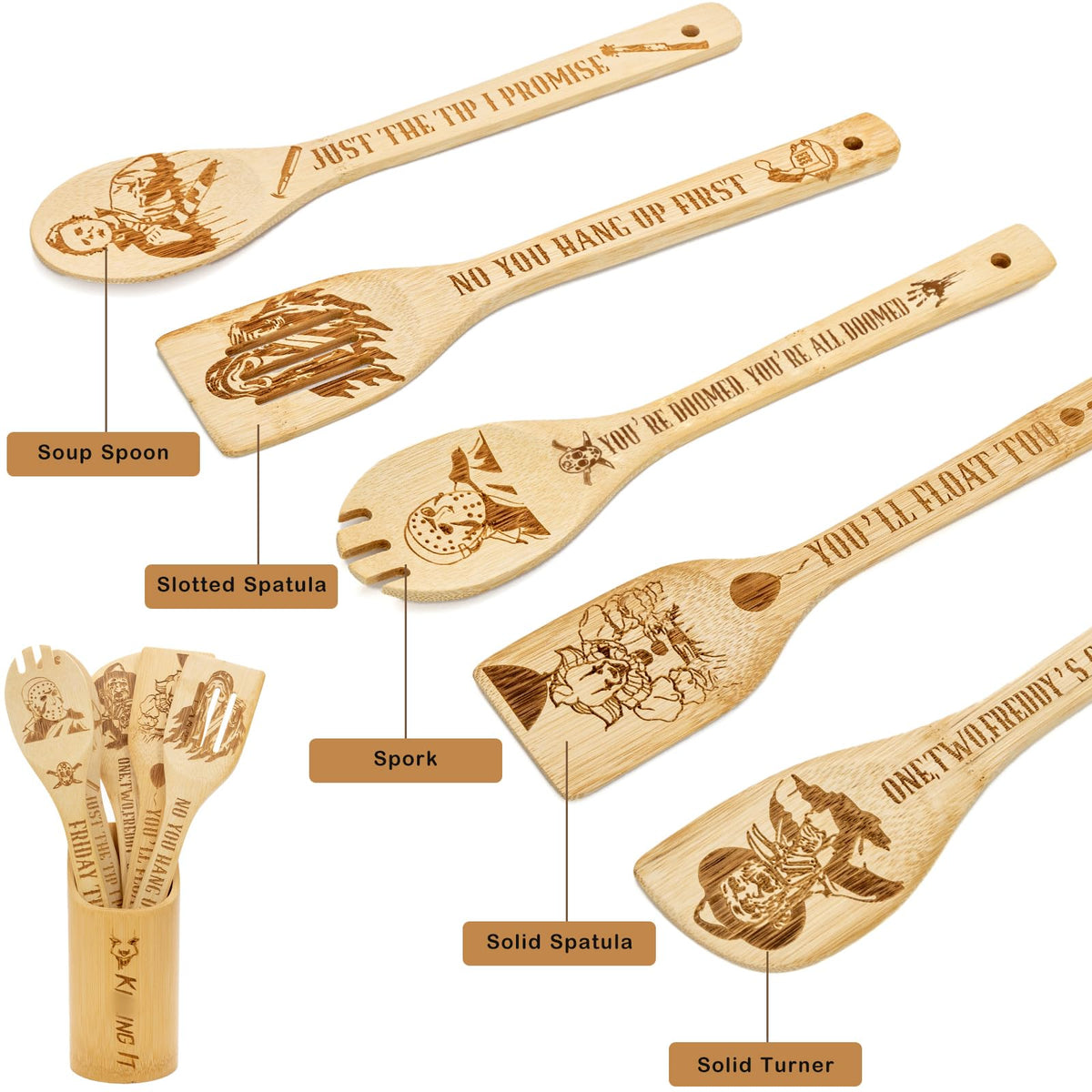 GIRVEM laser engraved character spoons showing detailed artwork