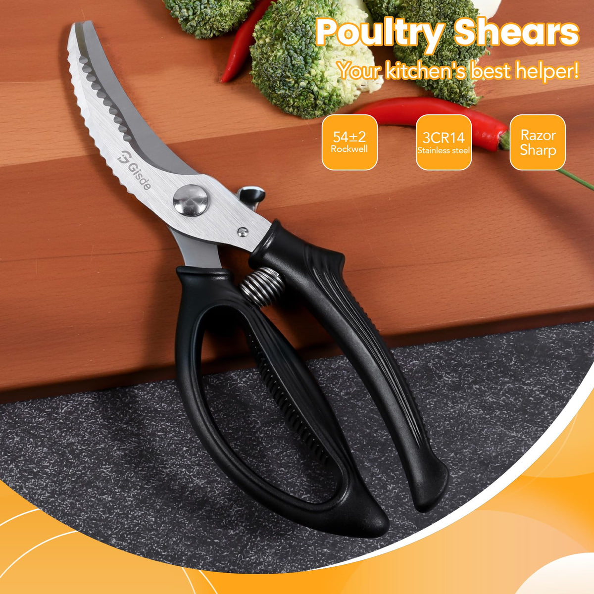Gisde heavy duty poultry shears ergonomic handle for comfortable extended prep