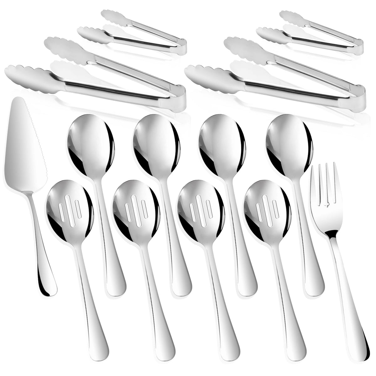 Gisly 14-piece serving utensils set in polished silver finish for elegant buffet service.