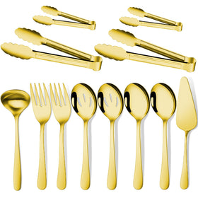 Gisly Gold 12-piece serving utensils set on table, stylish and durable for buffets.