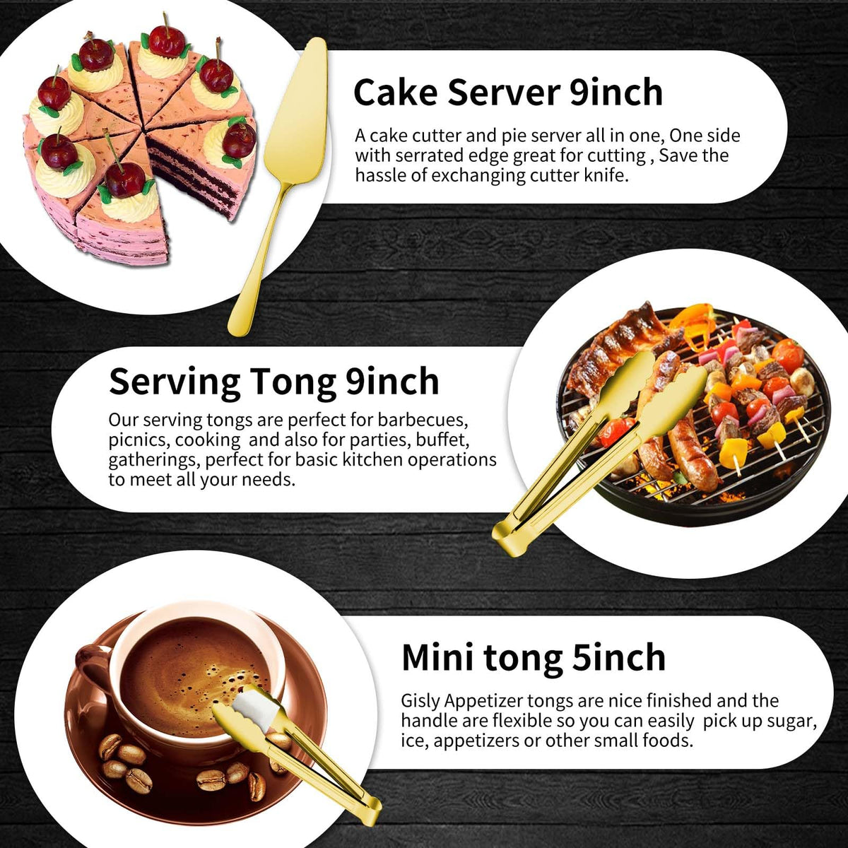 Gisly Gold appetizers tongs enable quick, clean serving.