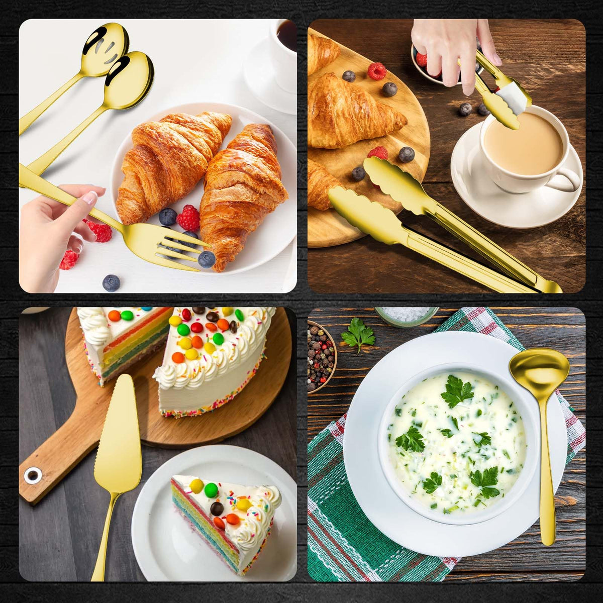 Gisly Gold serving forks provide precise portions at table.