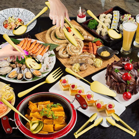 Gisly Gold serving tongs offer secure grip for appetizers.