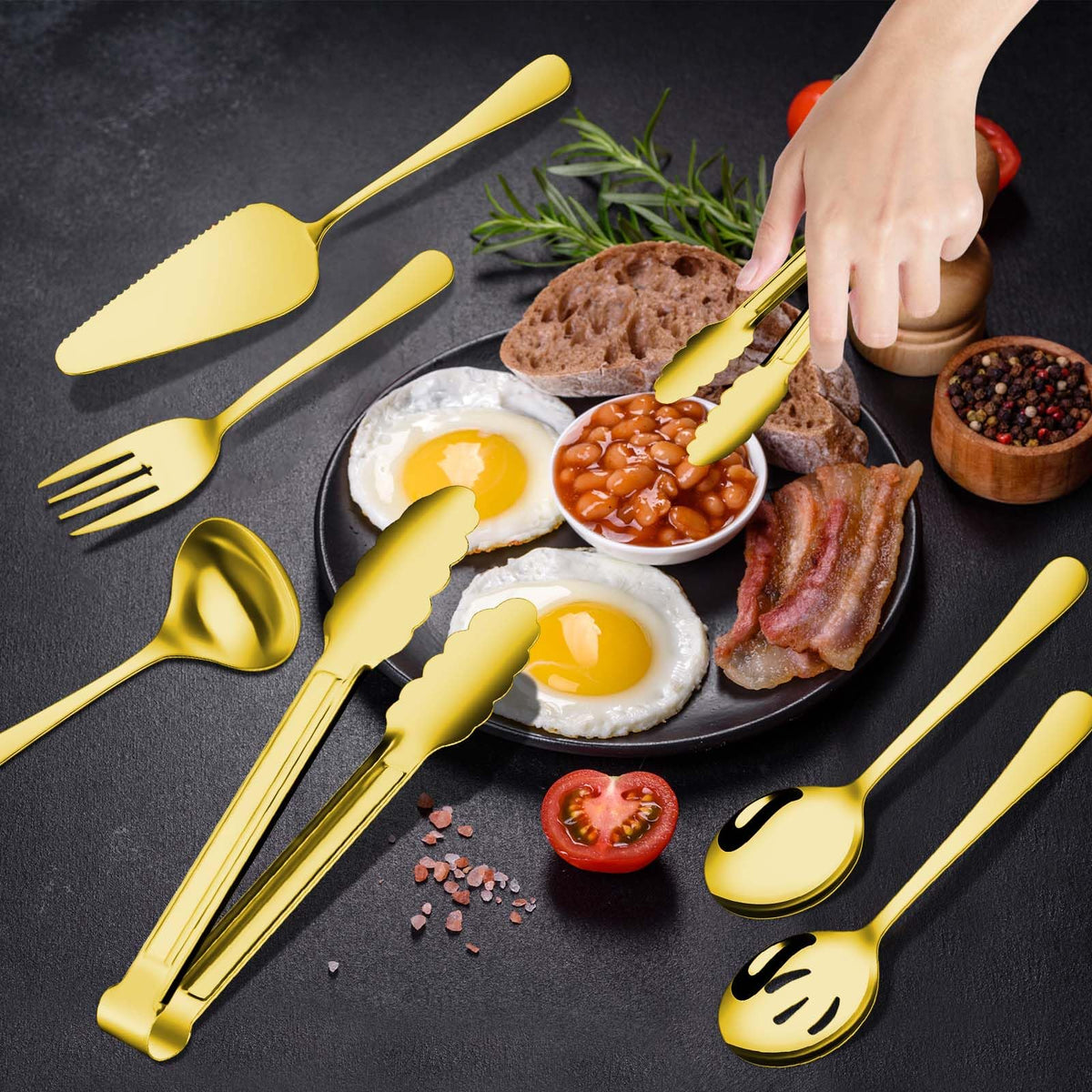 Gisly Gold slotted serving spoons prevent drips while serving.