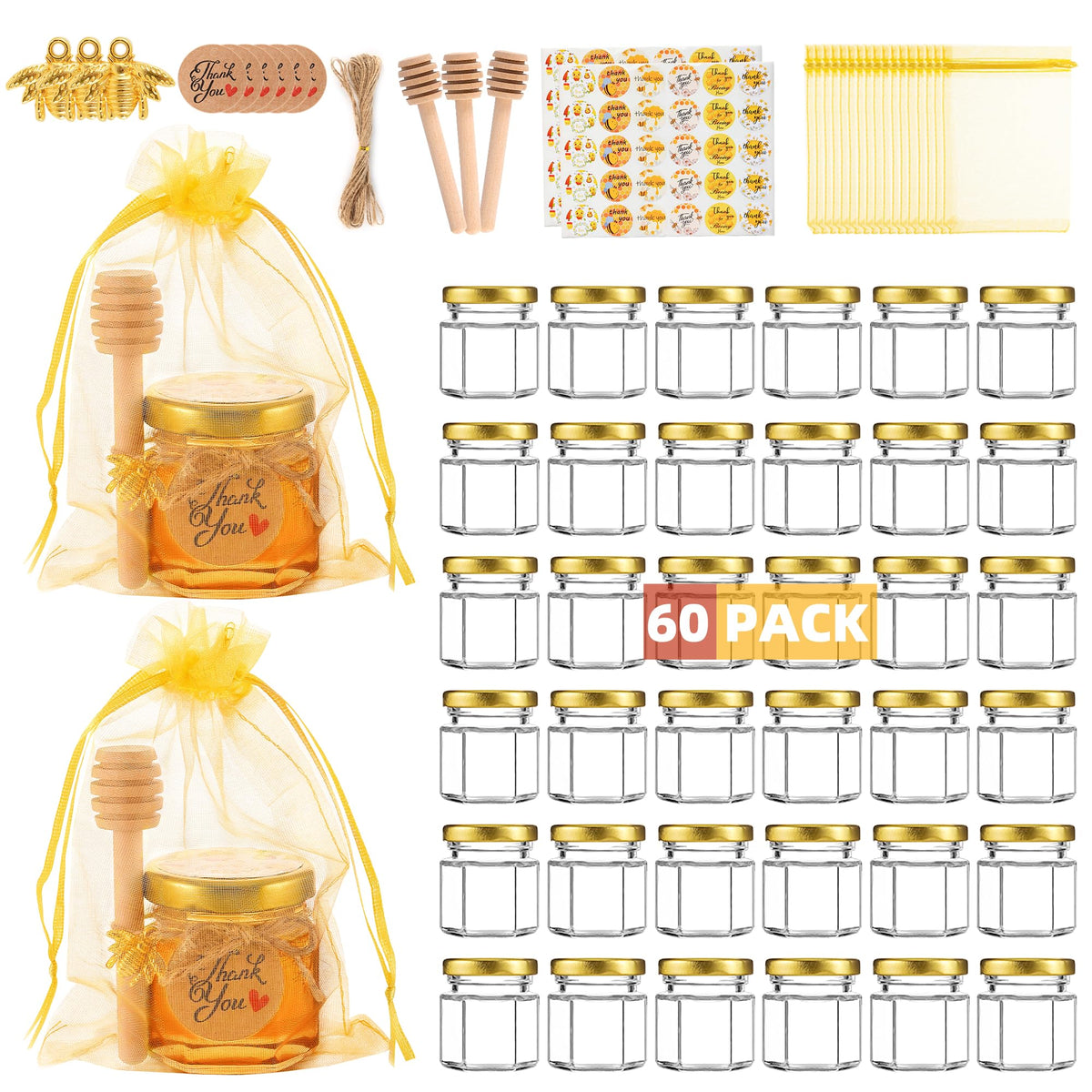 GIVAMEIHF hexagon honey jars 60-pack on a party table for favors