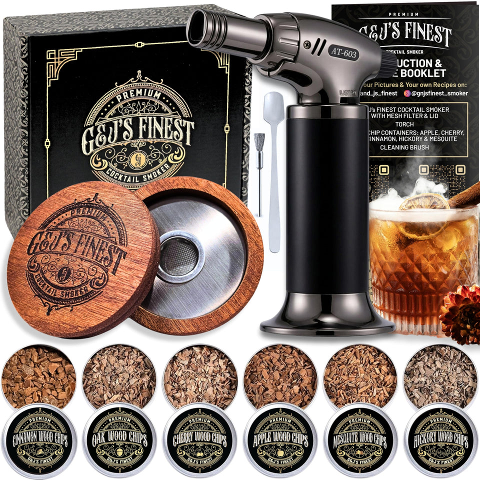 G & J's Finest whiskey smoker kit with torch ready for flavorful cocktails.