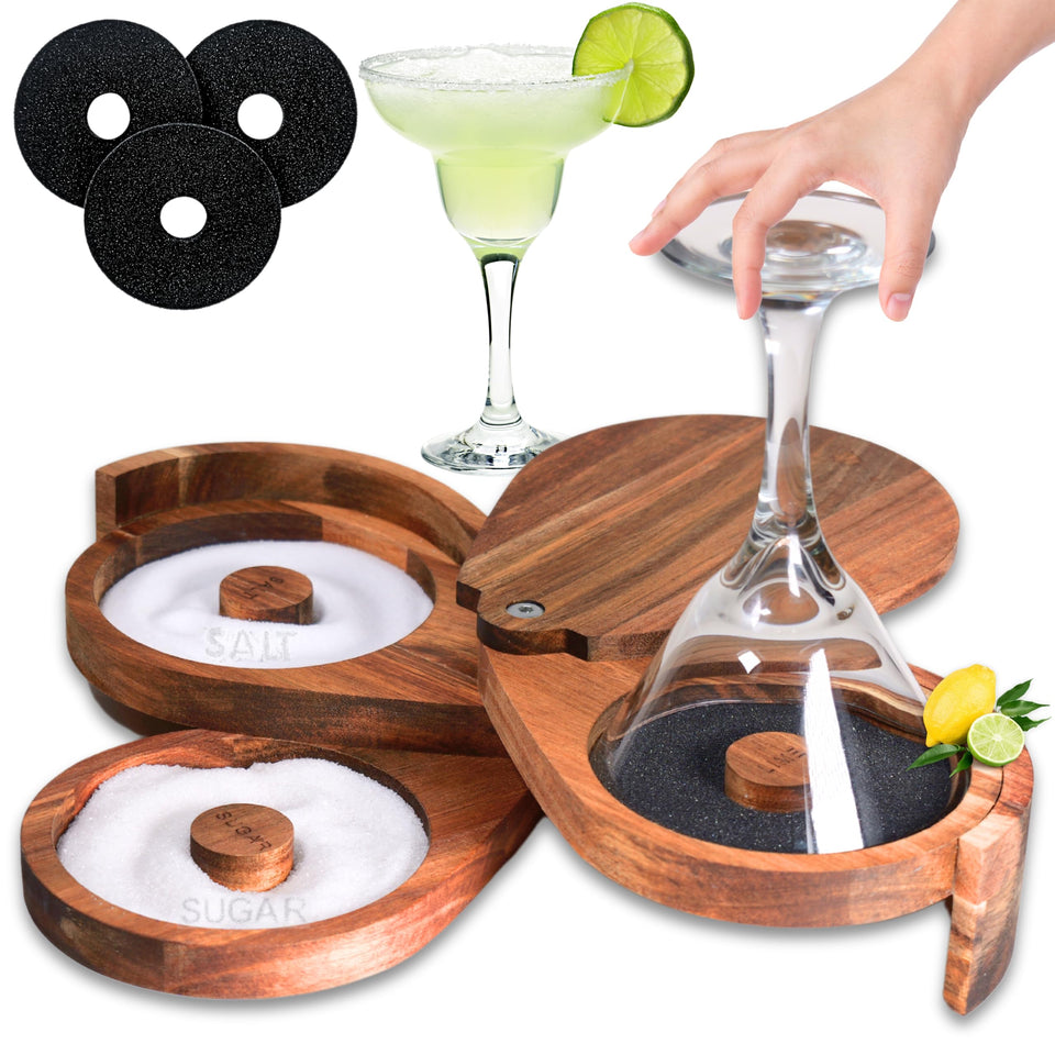 GJ's Finest Margarita Salt Rimmer 3-tier in acacia wood on display.