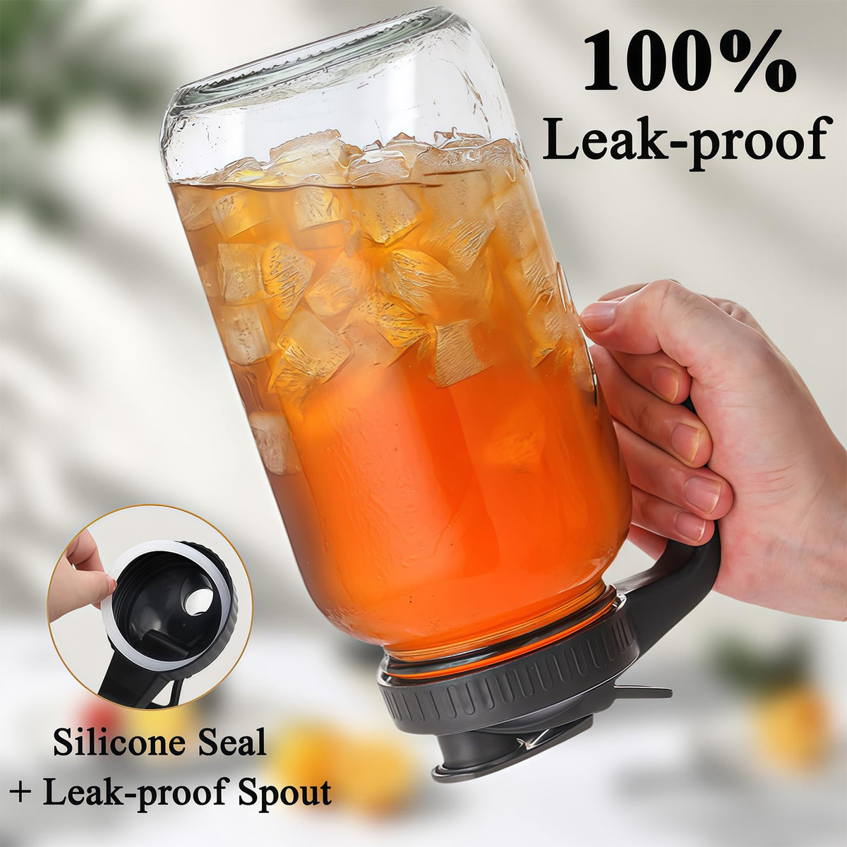 Glabotoil leakproof cap on 64oz glass pitcher keeps beverages fresh