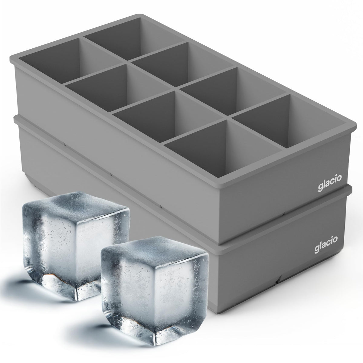 Glacio ice cube molds with eight large squares for slow-melt chilling.