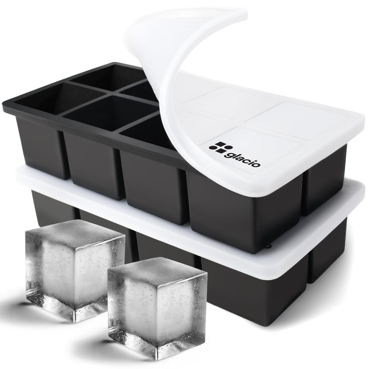 Glacio 2-inch ice cube tray forming large cubes for slow-melt chilling.