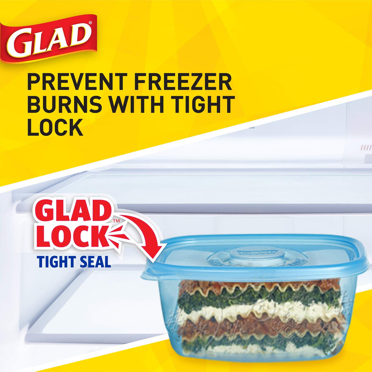 Glad FreezerWare interlocking lids for secure, space-saving storage.