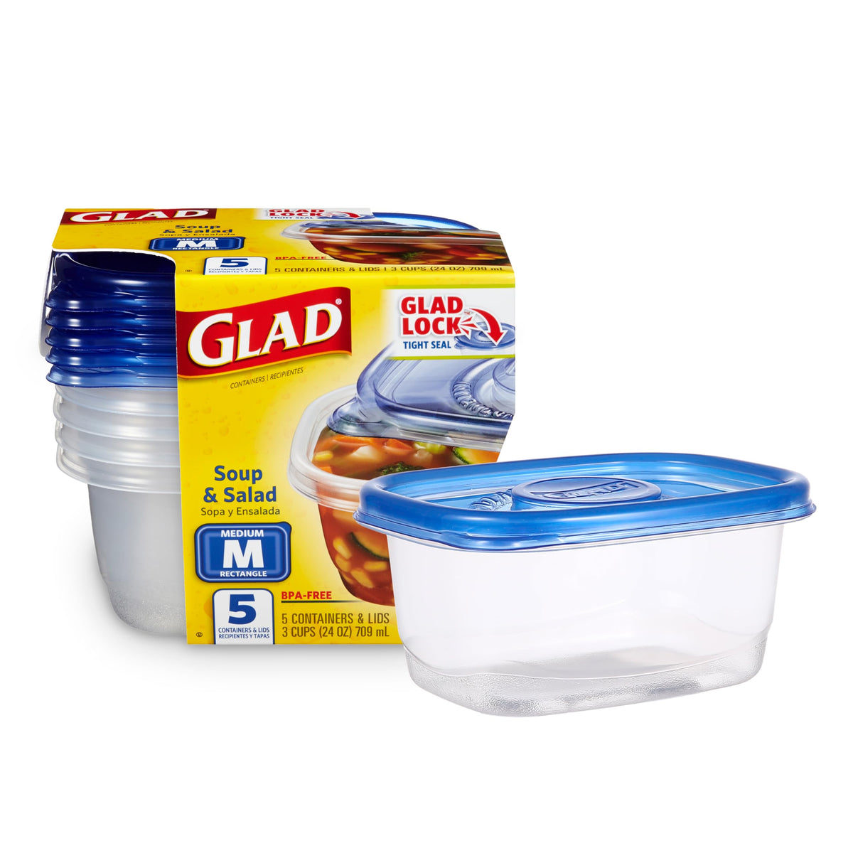 Glad GladWare 24oz rectangle container for soups and meals on the go.