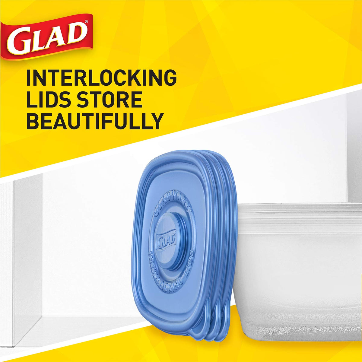 Glad GladWare interlocking lids reduce cabinet clutter and lid loss.